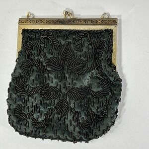 Vintage Hand Beaded Black Floral Evening Bag Hong Kong Kiss Lock Clutch Purse